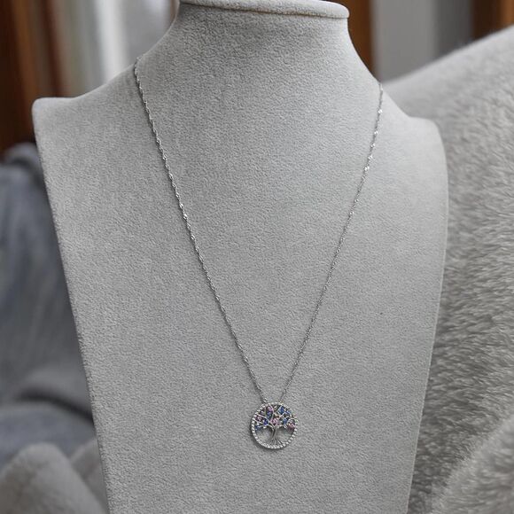 Sterling Silver Life Tree Birthstone Necklace Pink Blue CZ September October - Picture 8 of 8